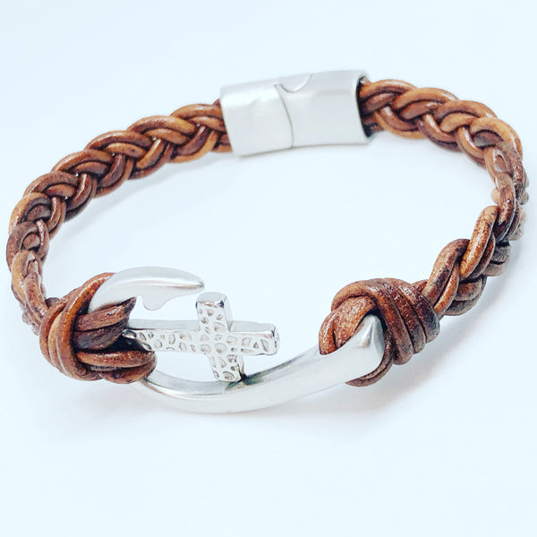 Fishhook and Cross Braided Leather Bracelet