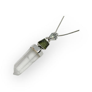 Lemurian Quartz with Moldavite Sterling Silver Pendant Necklace