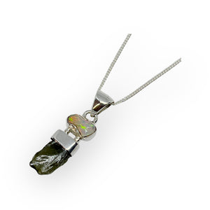 Moldavite Ethiopian Opal Sterling Silver Pendant Necklace