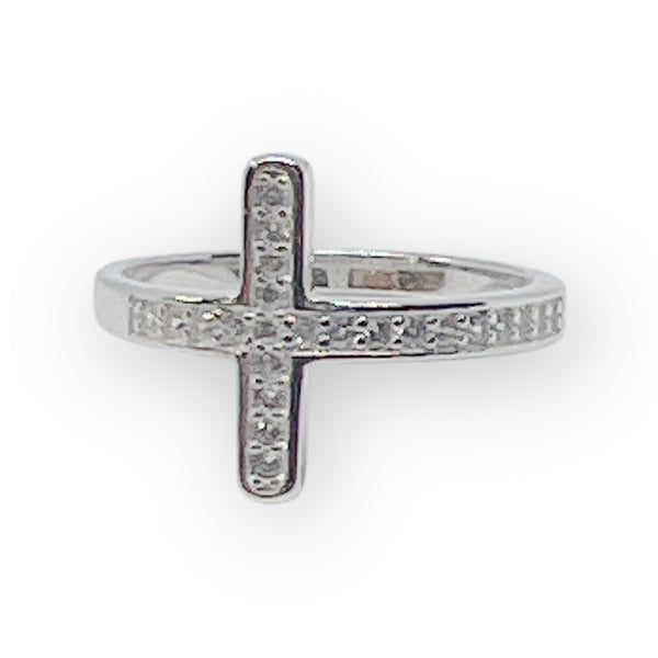 Modern Faith Sideways Cross Ring – .925 Sterling Silver & Pavé CZ
