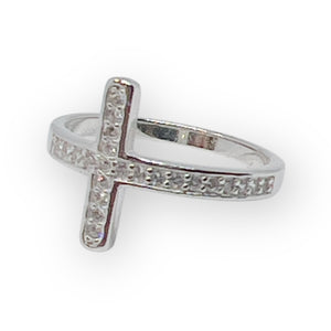 Modern Faith Sideways Cross Ring – .925 Sterling Silver & Pavé CZ