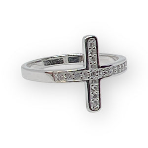 Modern Faith Sideways Cross Ring – .925 Sterling Silver & Pavé CZ
