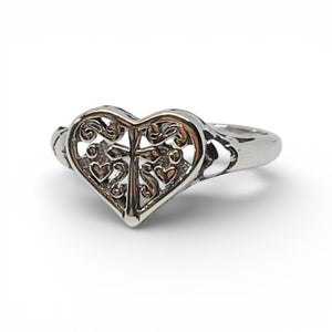 Sterling Silver Filigree Heart & Cross Ring – Solid .925 Silver