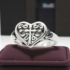 Sterling Silver Filigree Heart & Cross Ring – Solid .925 Silver