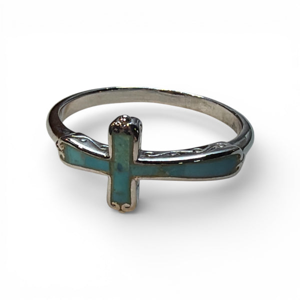 Boho Faith Sideways Cross Ring – .925 Sterling Silver with Inlay Turquoise