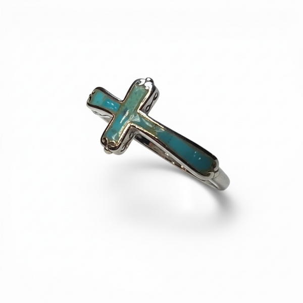 Boho Faith Sideways Cross Ring – .925 Sterling Silver with Inlay Turquoise