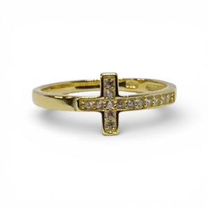 “Luminary" Pavé Cross Ring 14K Gold Plated 925 Silver Sideways Cross Band