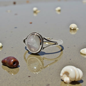 "Luna" Mother of Pearl Ring Minimalist 925 Sterling Silver Split-Shank Band