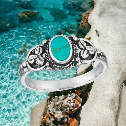 Turquoise Floral Petite Sterling Silver Ring