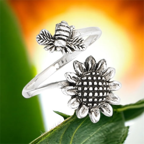 Honey Bee Sunflower Sterling Silver Ring