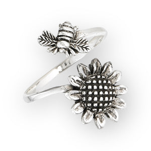 Honey Bee Sunflower Sterling Silver Ring