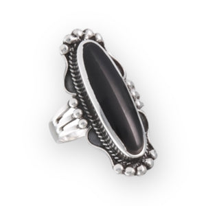 Long Oval Black Onyx Sterling Silver Ring