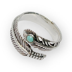 Adjustable Turquoise Feather Cuff Solid Sterling Silver Ring