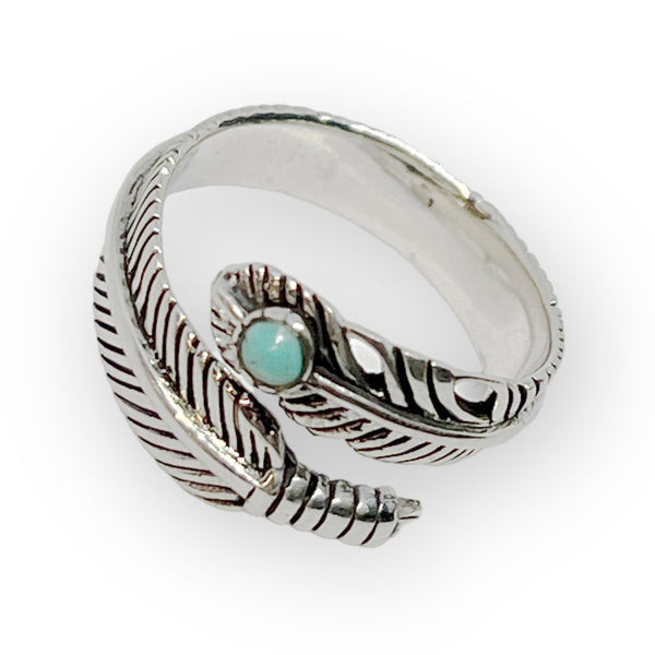Adjustable Feather Cuff Solid Sterling Silver Ring with Turquoise