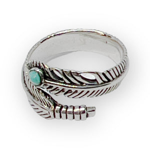 Adjustable Turquoise Feather Cuff Solid Sterling Silver Ring