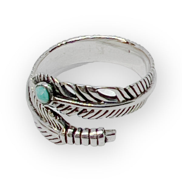 Adjustable Feather Cuff Solid Sterling Silver Ring with Turquoise
