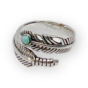 Adjustable Turquoise Feather Cuff Solid Sterling Silver Ring