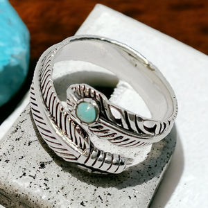 Adjustable Turquoise Feather Cuff Solid Sterling Silver Ring