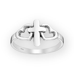 Cross And Hearts Sterling Silver Ring