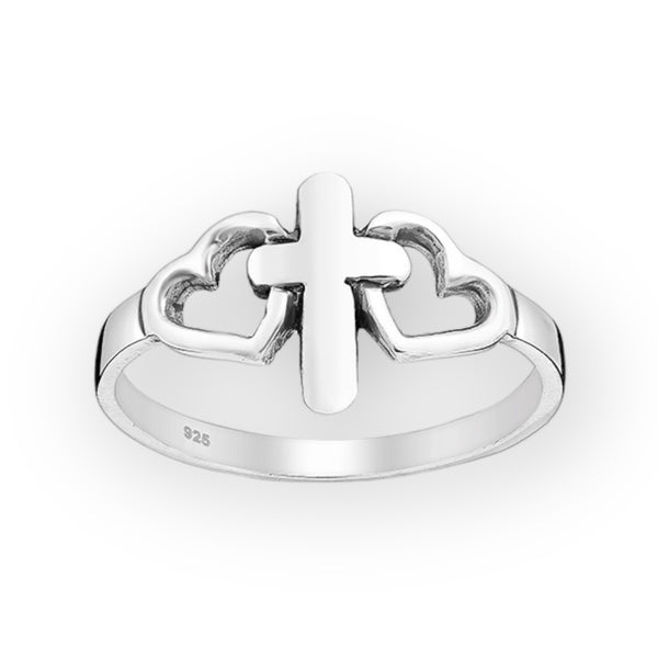 Cross And Hearts Sterling Silver Ring