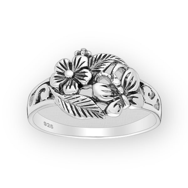 Butterflies And Flowers Sterling Silver Ring