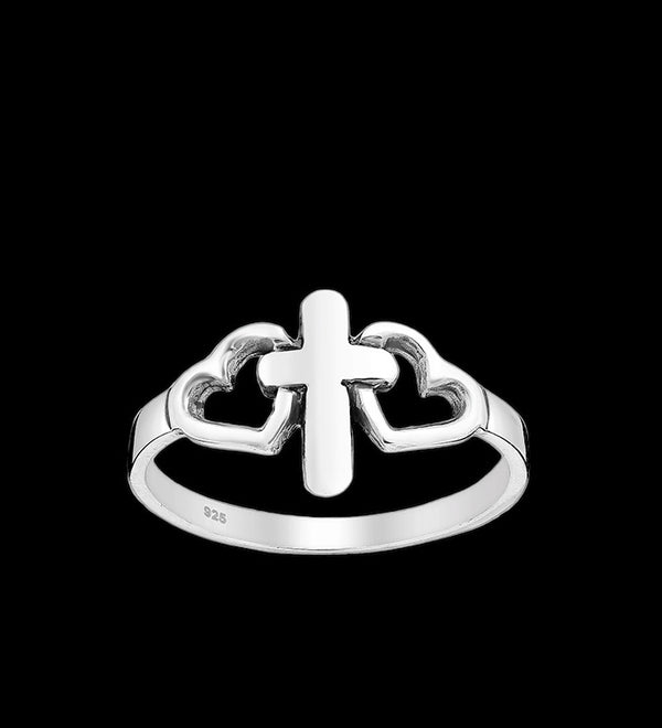 Cross And Hearts Sterling Silver Ring