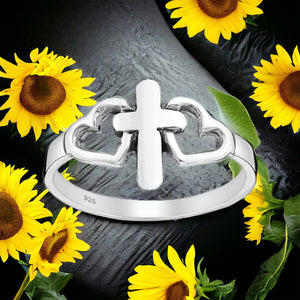 Cross And Hearts Sterling Silver Ring
