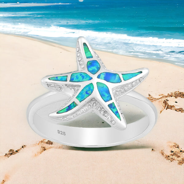 Blue Opal Starfish Sterling Silver Ring
