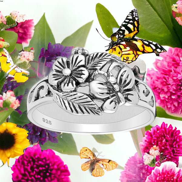 Butterflies And Flowers Sterling Silver Ring