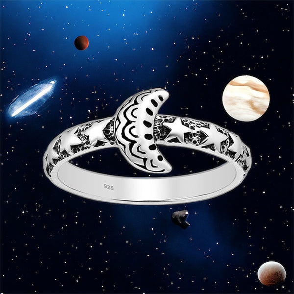 Celestial Moon And Stars Sterling Silver Ring