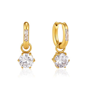 Gold-tone huggie earrings with two rectangular zircon accents on each hoop and removable round zircon drop charms