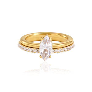 Gold-tone double-layer ring with marquise clear stone