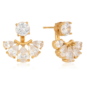 Gold-tone round zircon stud earrings with removable fan-shaped jackets featuring five teardrop stones.