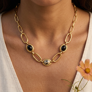 Black and spotted paperclip necklace lifestyle
