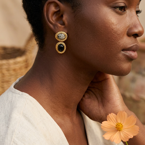 Black and spotted stone drop earrings lifestyle