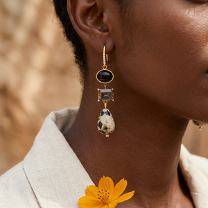 Black and spotted triple drop earrings lifestyle