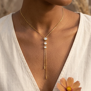 Clear stone lariat necklace lifestyle