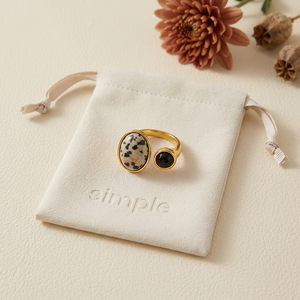 Dalmatian Jasper & Black Onyx Open Ring on the cream simple pouch
