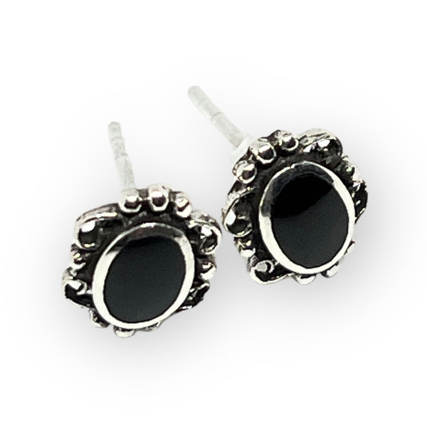 Black Onyx Filigree Stud Sterling Silver Earrings