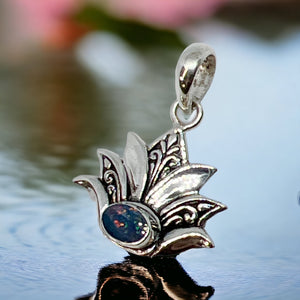 Lotus Blossom Sterling Silver Opal Pendant Necklace