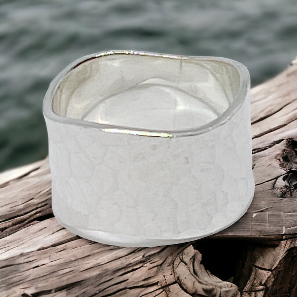 Hammered Wide Band Sterling Silver Ring