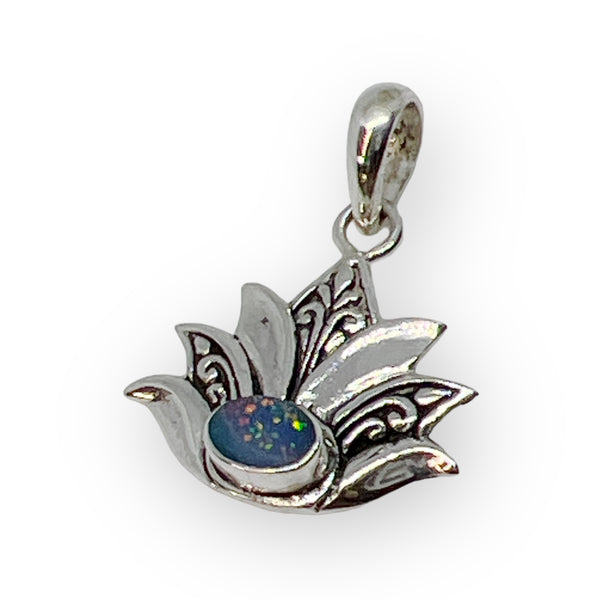 Lotus Blossom Sterling Silver Opal Pendant Necklace