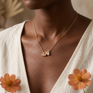 Peach and clear stone necklace lifestyle