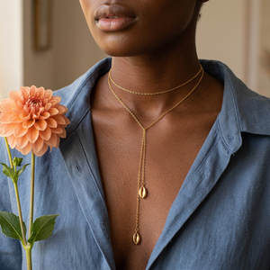 Shell necklace styled wrapped around the neck