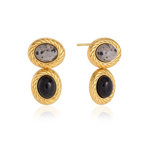 Black & Spotted Stone Drop Earrings on a white background