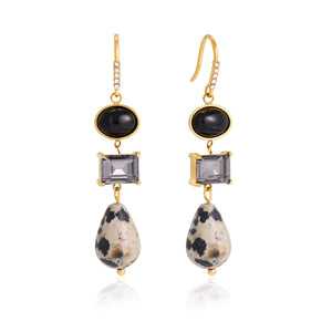 Black & Spotted Stone Triple Drop Earrings on a white background