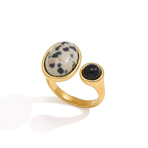 Spotted & Black Stone Open Ring on a white background
