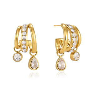 Clear Stone Triple-Hoop Drop Earrings on a white background