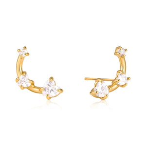 Triple Heart Clear Stone Curved Stud Earrings on a white background