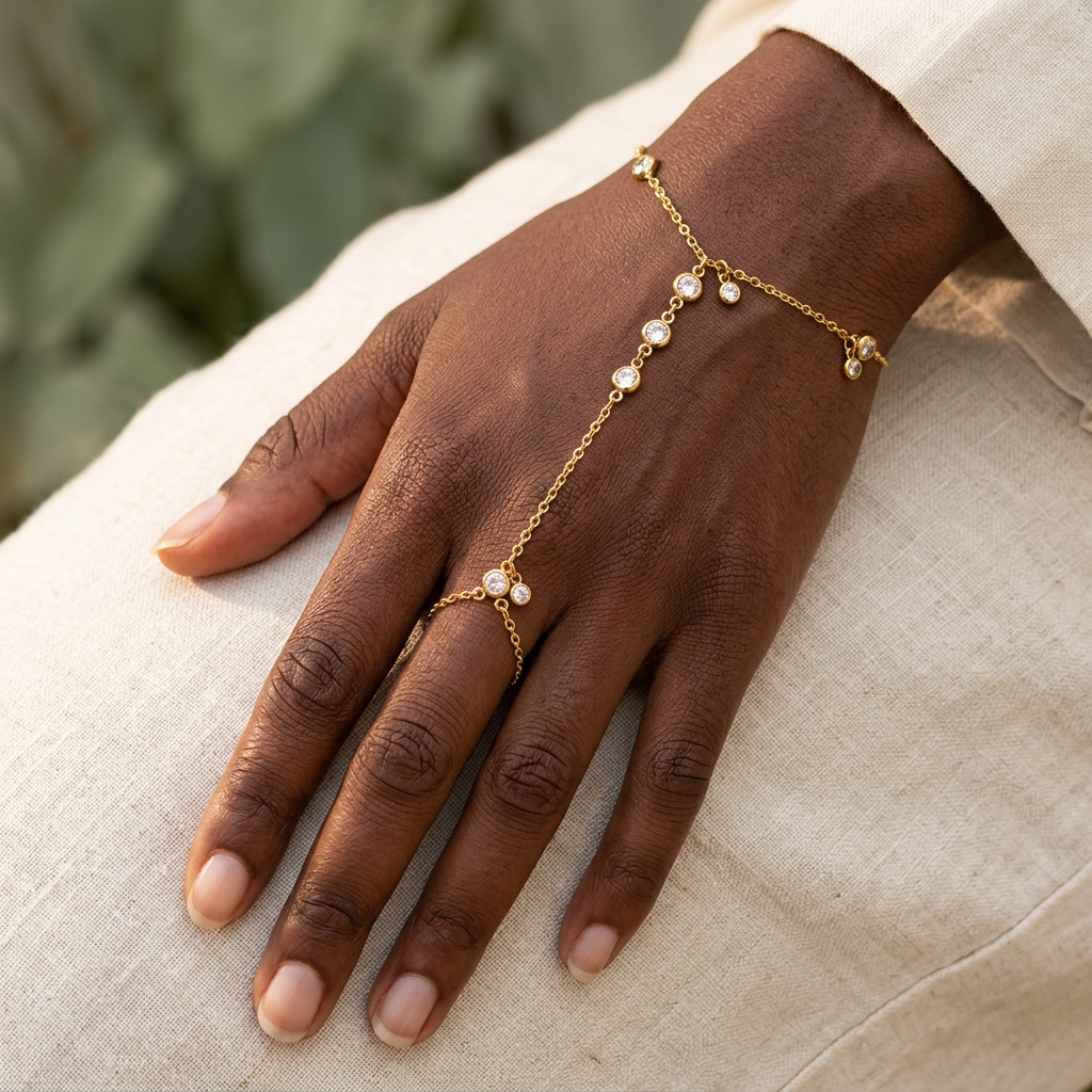 Square natural lifestyle image of a gold hand chain on a woman with deep brown skin